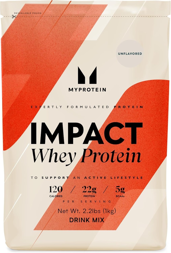 Myprotein Impact Whey Protein Powder, 2.2 Lbs (33 Servings) Unflavored, 22g Protein & 5g BCAA Por Serving, Protein Shake for Superior Performance, Muscle Strength & Recovery, Gluten Free