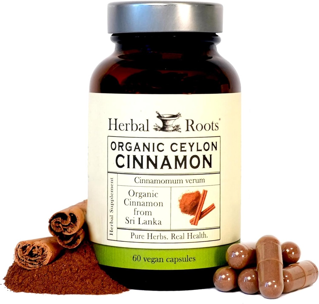 Herbal Roots Organic Ceylon Cinnamon Capsules ← USDA Certified Organic - Non-GMO ← 60 Organic Vegan Capsules