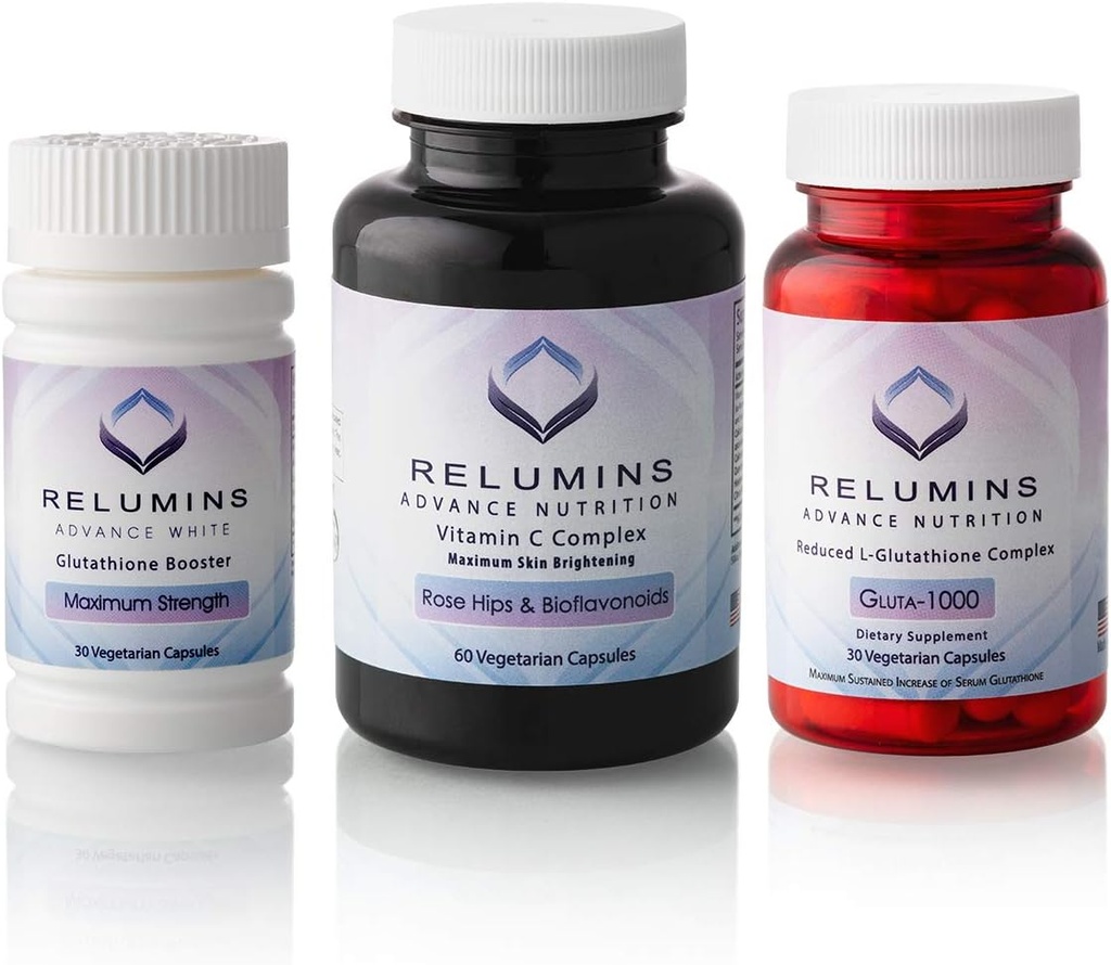 Reluminas Avanzada Nutrición 3-Bottle Supplement Set – Gluta 1000 con L-Glutathione reducido, Vitamina C MAX, Función inmune &amp; Wellness general – Vegan, Halal, Kosher, cGMP Certified
