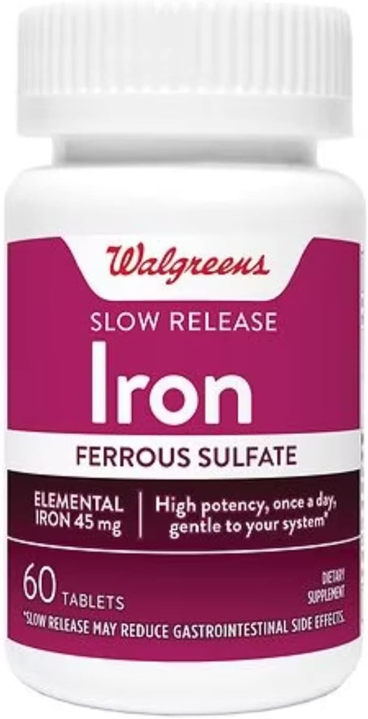 Sulfato ferroso de alta potencia de hierro 45 mg, Tabletas, 60 ea