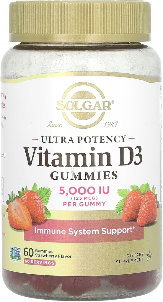 Solgar Vitamin D3 Gummies for Adults 5,000IU Ultra Potency Vitamin Immune System Support for Women & Men - Tasty Strawberry Flavor, Gluten & Gelatin Free Gummy, 2 Month Supply, 60 Servings, 2g Sugar