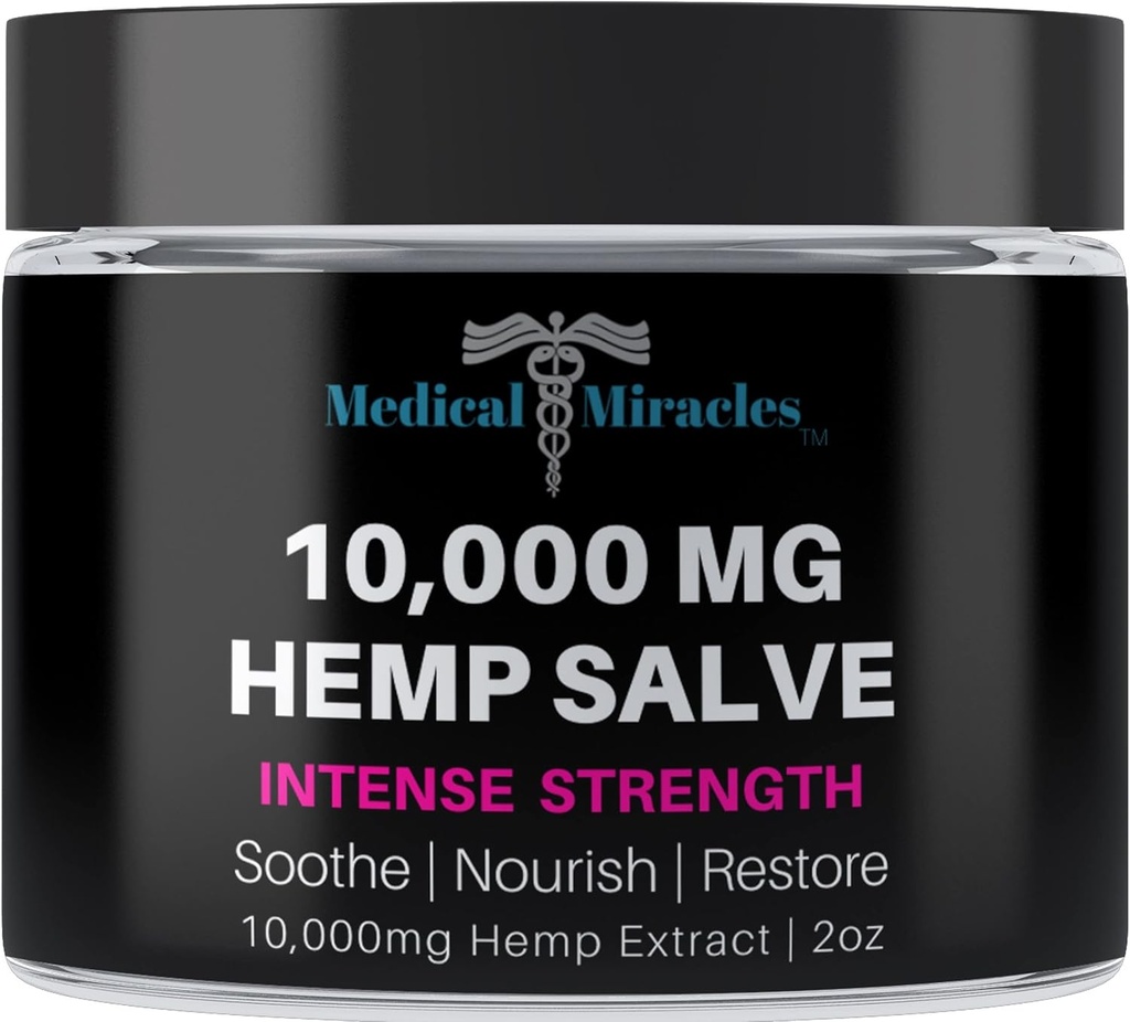 Medical Miracles Hemp Salve Intense Strength 10,000 MG. Ideal for HIPS, Joints, Neck, Back, Elbows, Fingers, Hands, and Knees. 100% Natural - Proudly Made in USA