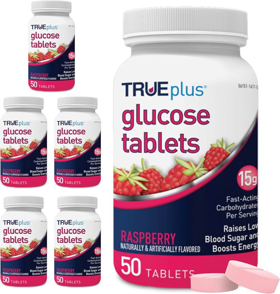 TRUEplus® Glucose Tablets, Raspberry Flavor - 50 Cuenta (Pack of 6)