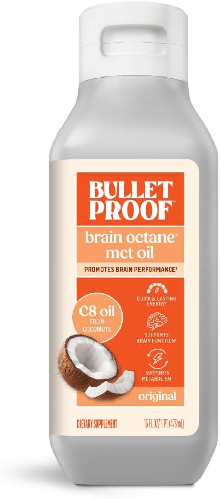 Bulletproof Coconut Brain Octane C8 MCT Oil, 16 Ounces, Premium Keto Supplement for Sustained Energy, Brain and Body Fuel, Unflavored, Add to Coffee and Smoothies, Packaging May Vary