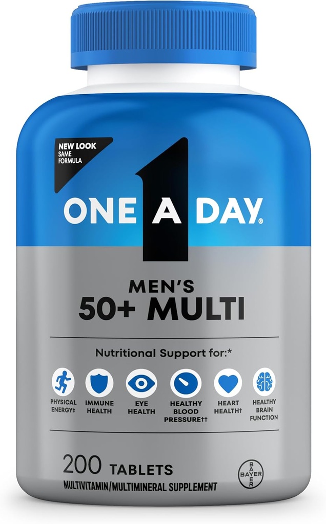 Uno A día Hombres 50+ Ventajas saludables Multivitamina, Multivitamina para Hombres con Vitaminas A, C, E, B6, B12, Calcio y Vitamina D, Tableta, 200 Cuenta (Pack of 1)