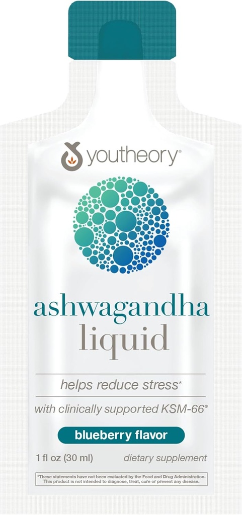 Youtheory Ashwagandha Liquid - Uses Organic KSM-66 - Herbal Blend to Support Energy Levels " Stress Relief* - 12 Single-Serving Packets (12-Day Supply)