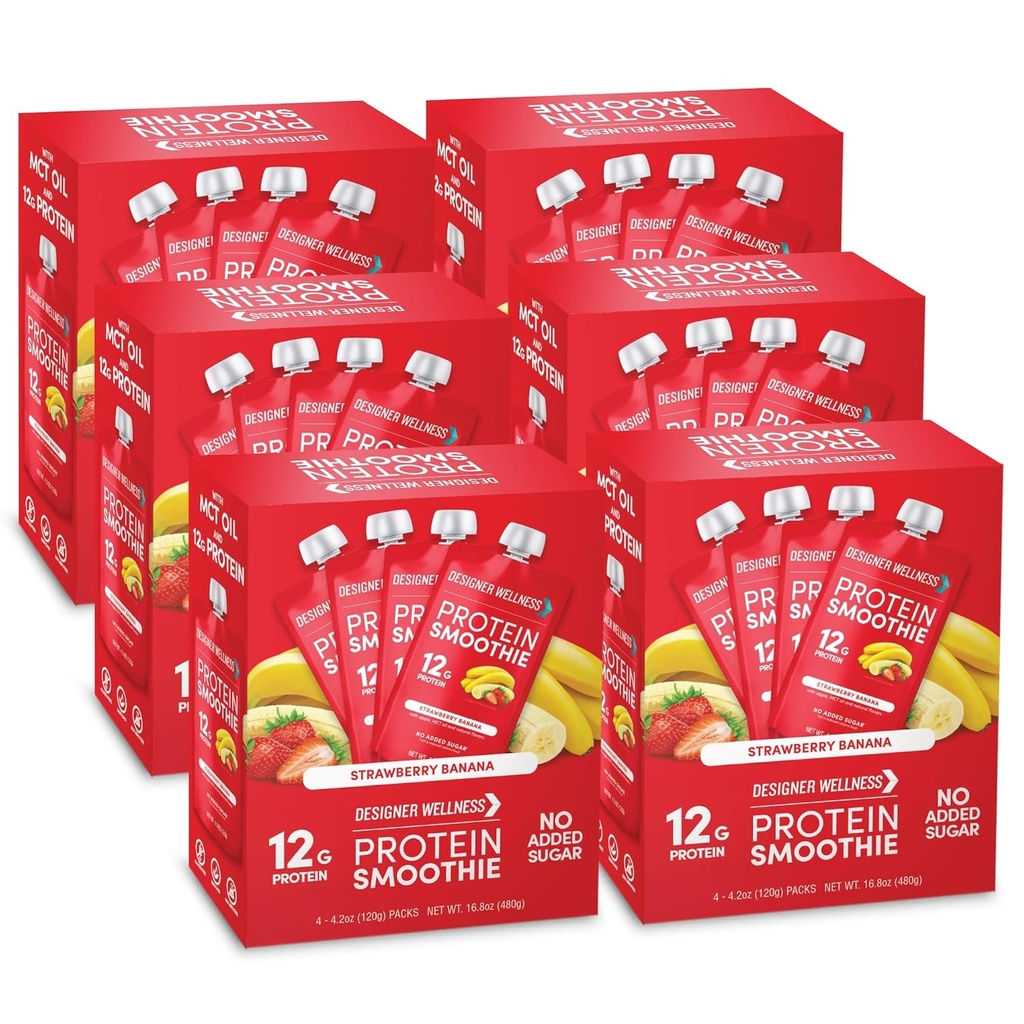 Diseñador Wellness Protein Smoothie, Fruta Real, Proteína 12g, Baja Carb, Azúcar Zero Añadido, Libre de gluten, No GMO, No Colores Artificiales o Sabores, Banana de Fresa, 24 Conde