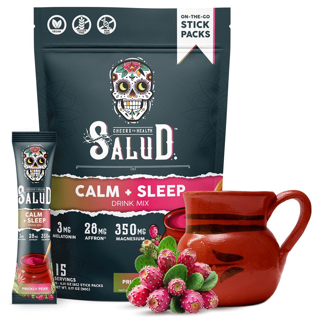 Salud 2-in-1 Sleep Aid + Calm Drink Mix, Prickly Pear Flavor, Melatonin, Magnesium, Saffron Extract, L-Theanine, Non-GMO, Gluten Free, Vegan, Low Calorie, 1g of Sugar (15 Servings)