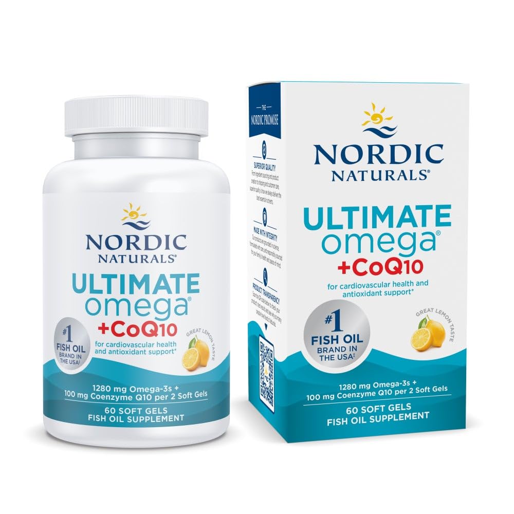Nordic Naturals Ultimate Omega + CoQ10, Lemon - 60 Gels Soft - 1280 mg Omega-3 + 100 mg CoQ10 - Heart Health, Cellular Energy, Antioxidant Support - Non-GMO - 30 Servings
