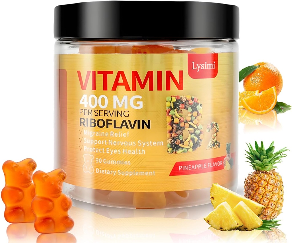 Vitamin B2 Gummies, Vitamin B2 Riboflavin Gummies 400mg with Magnesium & Coq10, Migraine Relief & Headache Relief, for Kids & Adults, 90 Chewable Gummies (1)