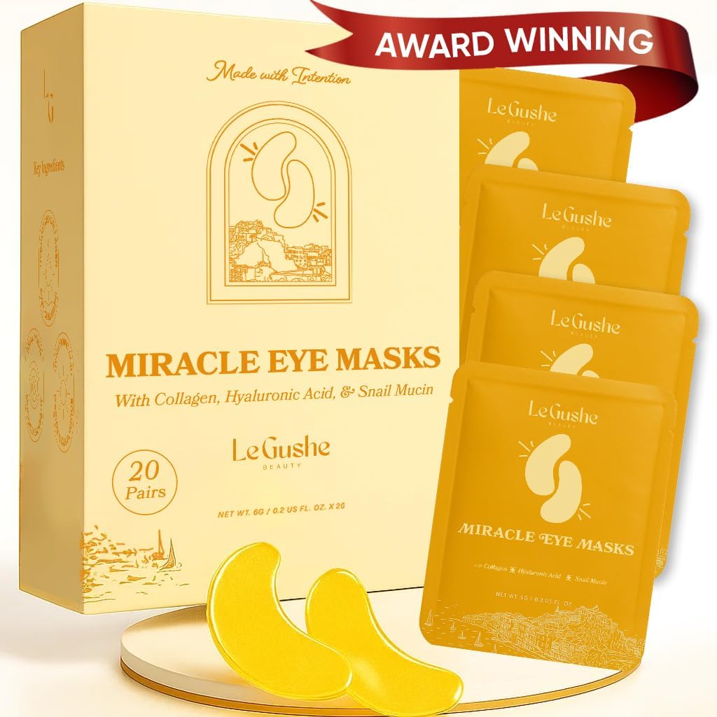 LE GUSHE Gold Under Eye Patches for Puffy Eyes and Dark Circles (20 Pares) - Hidrating Collagen Under Eye Masks with Snail Mucin - Soothing Puffy Eyes Treatment for Women &amp; Hombres - Bridesmaid Gifts