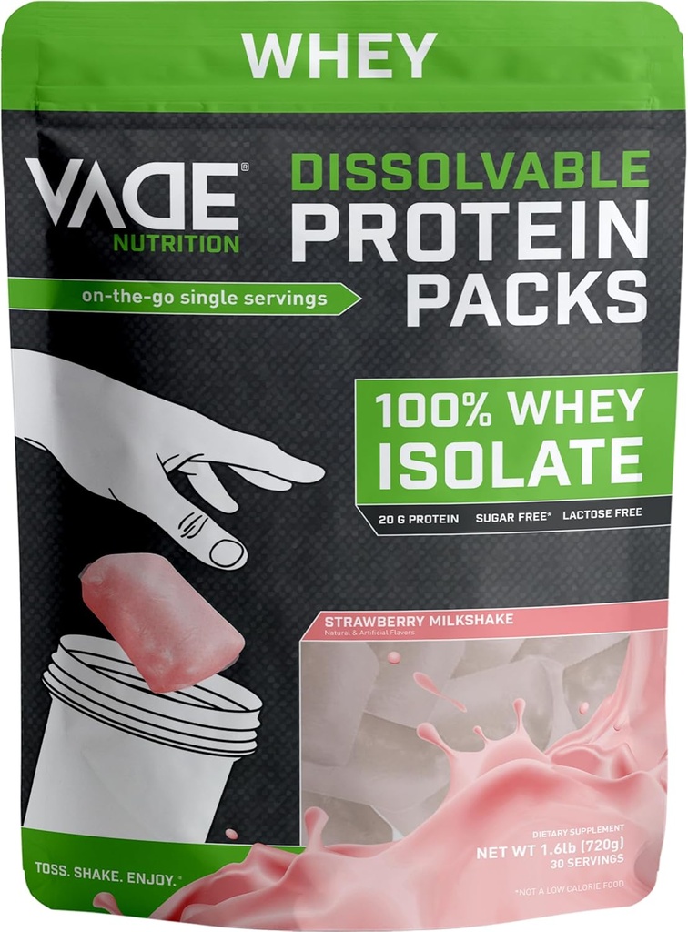 VADE Nutrición Dissolvable Protein Packs ← Fresa Milkshake Whey Isolate Protein Powder, On-The-Go, Low Carb, Low Calorie, Lactose Free, Gluten Free, Sugar Free, Lean, 30 Servings