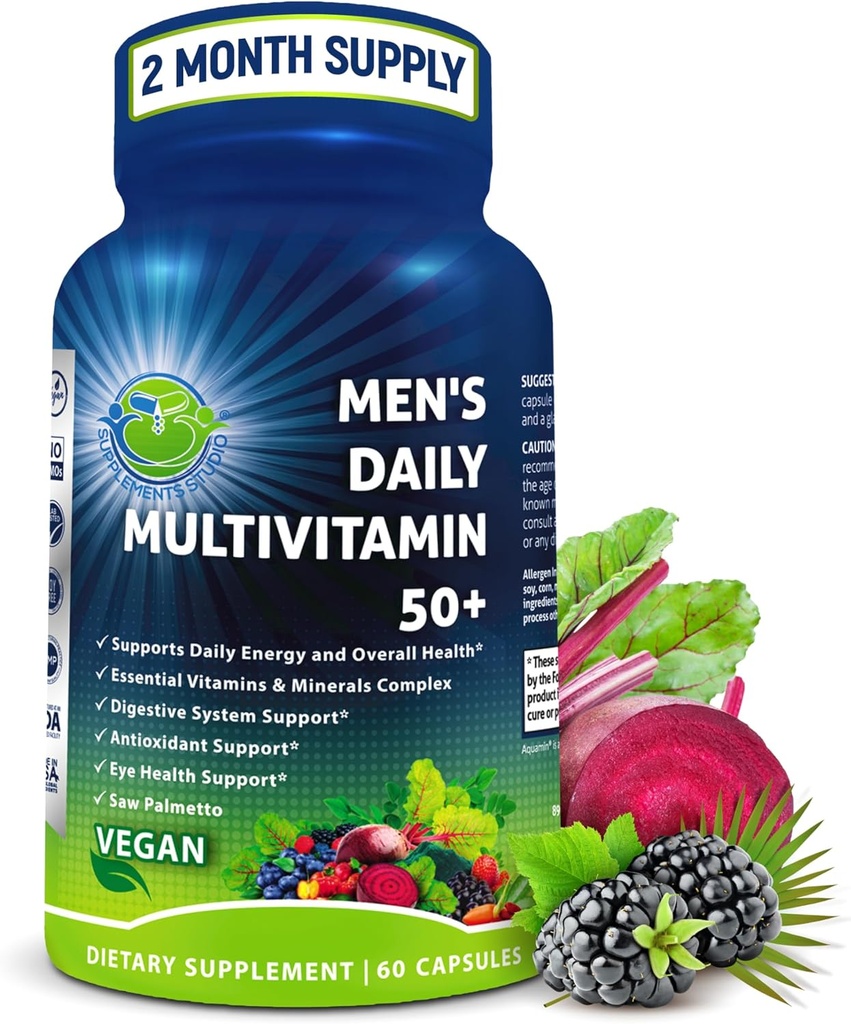 Multivitaminas diarias de los hombres 50 Plus - Multivitamina metilada vegana para los hombres 50 y más - Saw Palmetto, Biotina, Superalimentos orgánicos, Lutein - Ojo, Energía, Gut, Soporte de salud - Fácil de Swallow Capsules