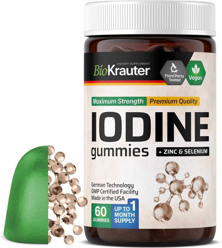 BIO KRAUTER Iodine Gummies - 60 Chews Vegan - 250 mcg Iodide de potasio - Suplemento de yodo con Zink de Selenium - Apple Flavor, Pectin-Based Chews