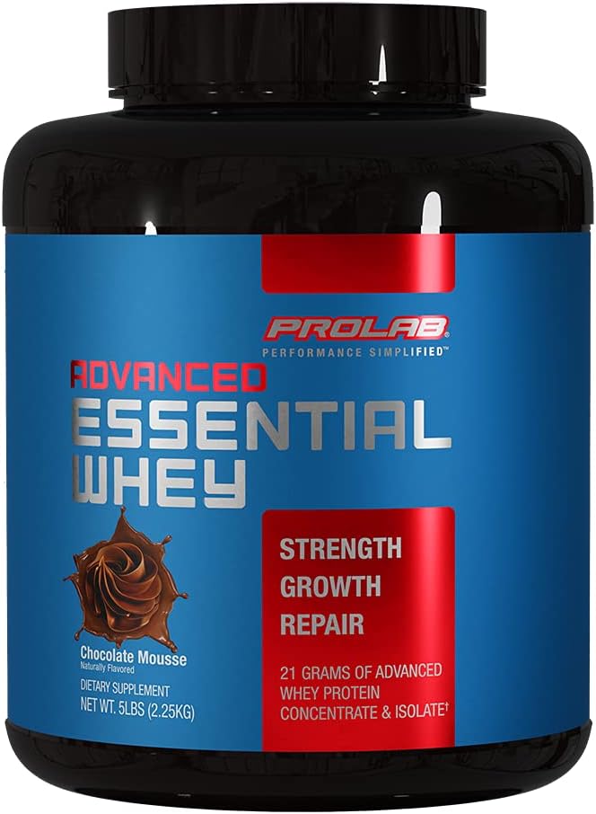 ProLab Advanced Essential Whey Protein Powder, 21g Protein, Whey Concentrate " Isolate Blend with BCAAs " Digestive Enzymes for Muscle Support " Recovery (Chocolate Mousse, 5 LB)