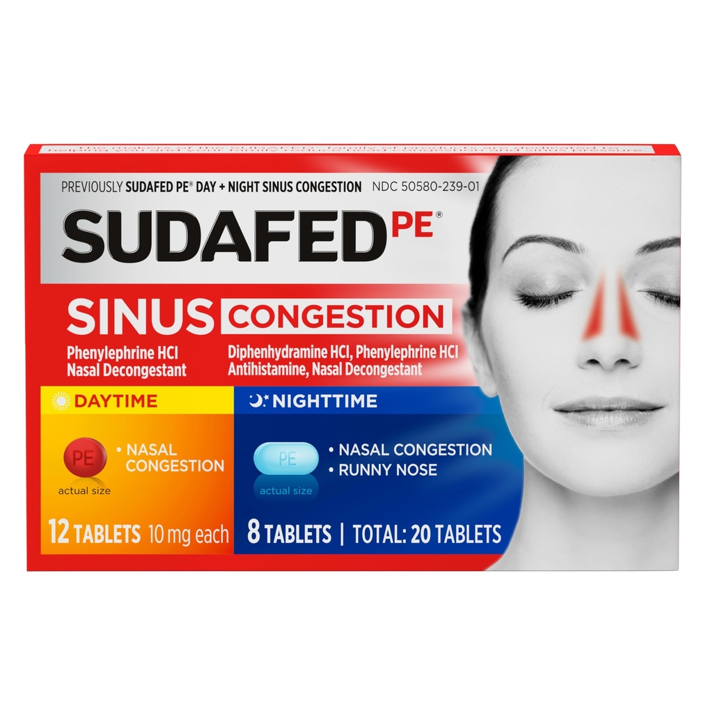 Sudafed PE Sinus Congestion Day + Night Maximum Strength Decongestant & Antihistamine Tablets with Phenylephrine HCl & Diphenhydramine HCl, Helps Nasal & Sinus Pressure & Congestion, 20 ct