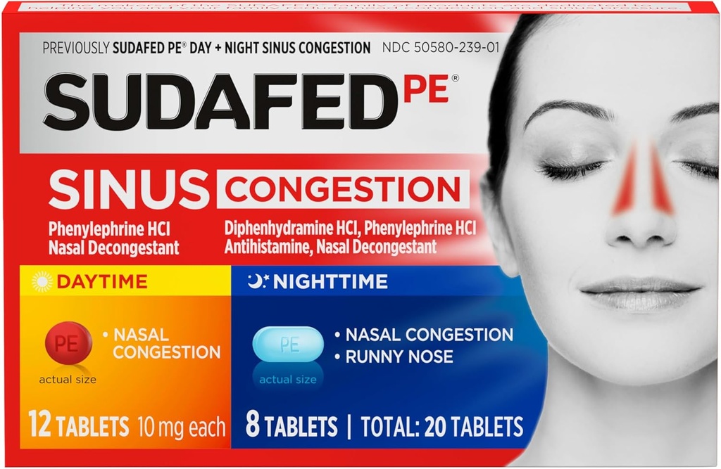 Sudafed PE Sinus Congestion Day + Night Maximum Strength Decongestant " Antihistamine Tablets with Phenylephrine HCl " Diphenhydramine HCl, Helps Nasal " Sinus Pressure " Congestion, 20 ct