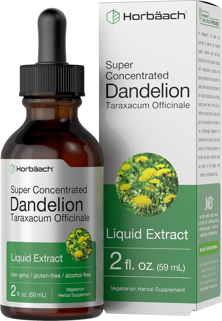 Horbäach Dandelion Root Extract Suplemento TENIDO 2 fl oz TENIDO Super Concentrado TENIDO Alcohol Free Liquid Tincture ANTE Vegetarian, Non-GMO, Gluten Free