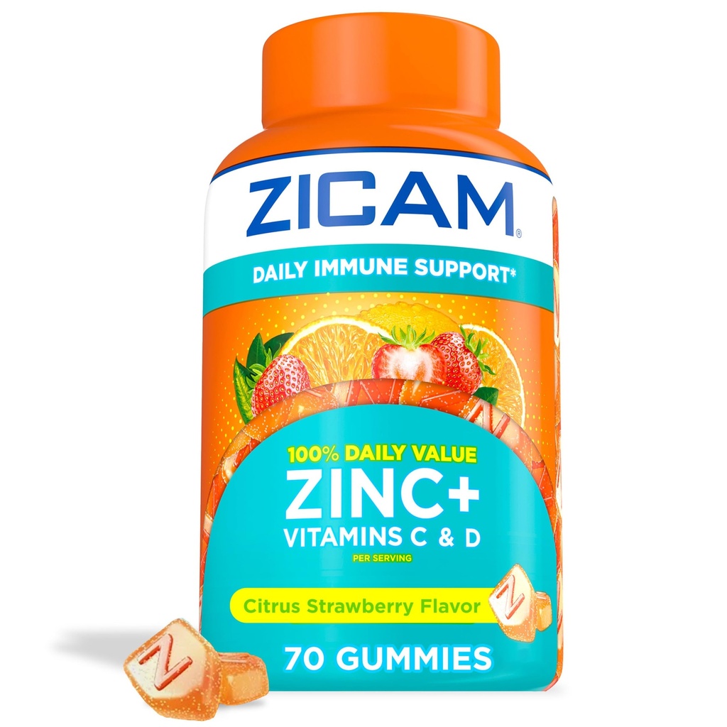 Zicam Daily Immune Support, Gummy Supplement, Zinc, Vitamin C and Vitamin D, Citrus Strawberry Flavor, 70 Count