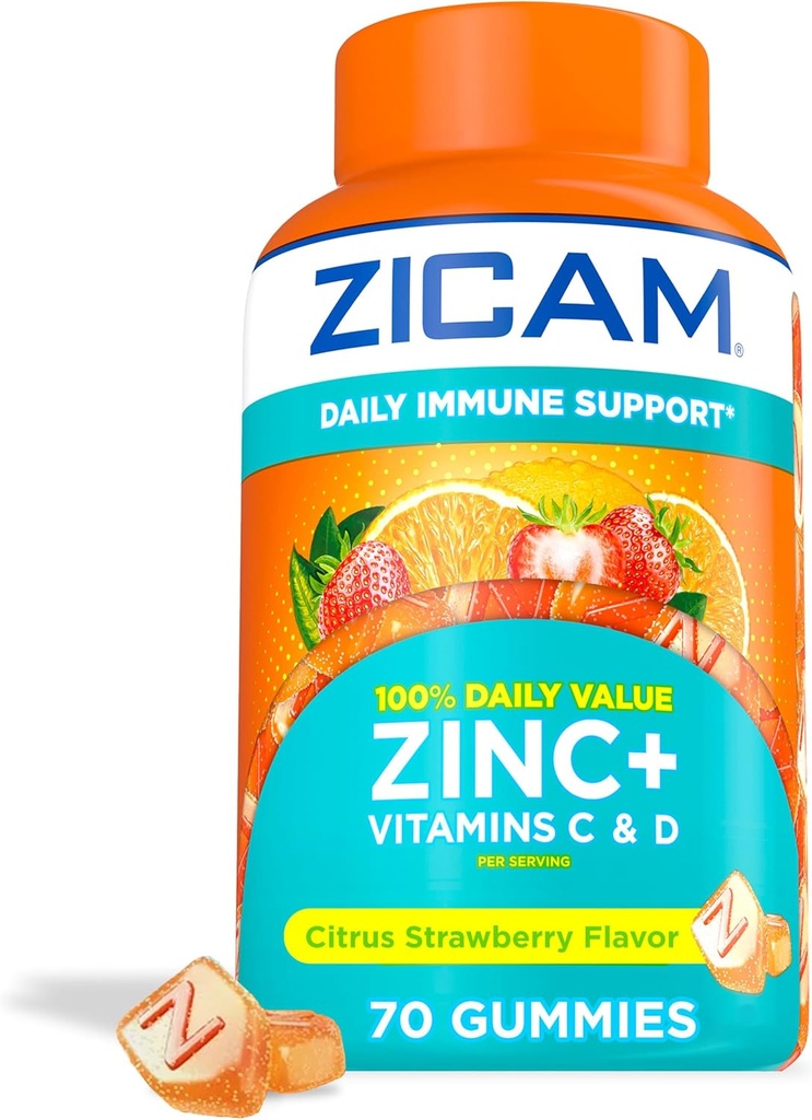Zicam Daily Immune Support, Gummy Supplement, Zinc, Vitamina C y Vitamina D, Citrus Strawberry Flavor, 70 Cuenta