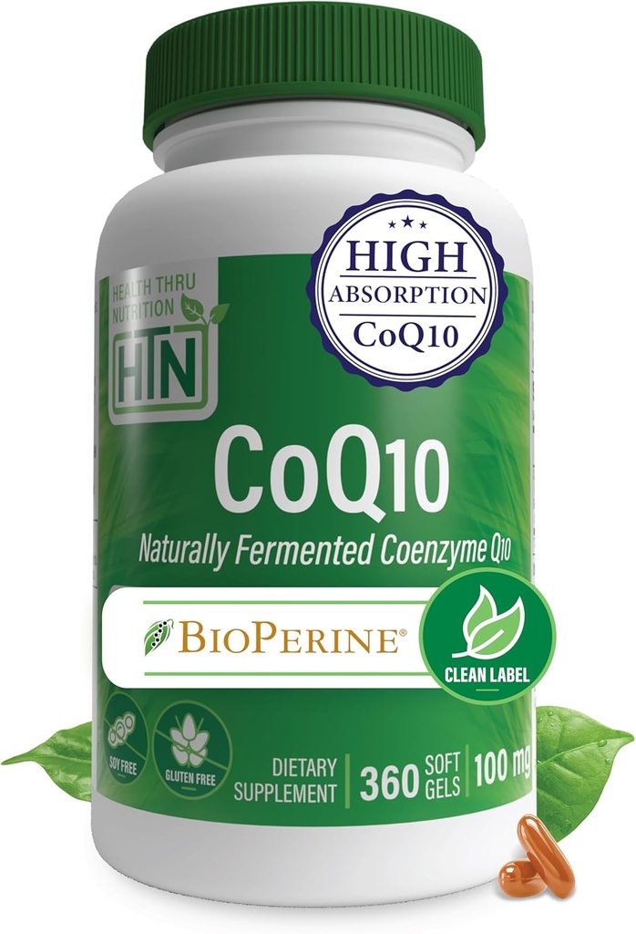 Salud Thru Nutrition CoQ-10 100mg con BioPerine 360 Softgels ← Alta Absorción Naturalmente Fermentada USP Grade Coenzyme Q10 Suplemento ← 3rd Party Tested  durable Heart Health and Energy Support