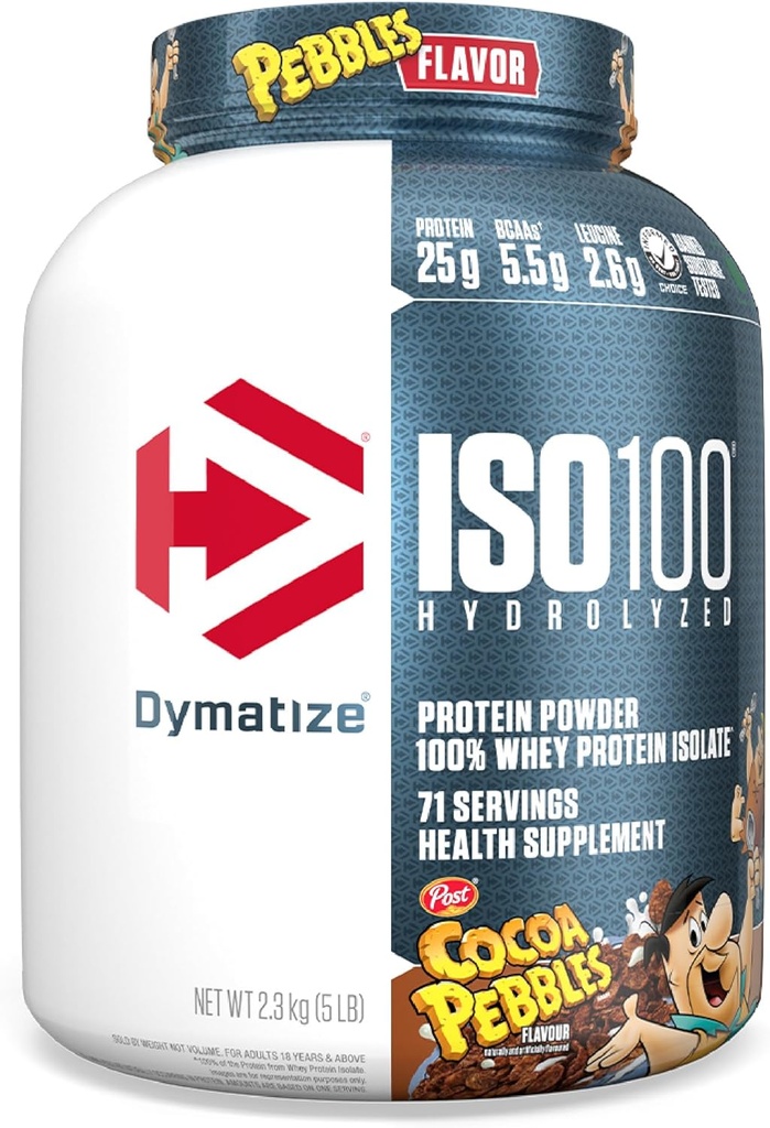 Dymatize x Cocoa Pebbles ISO100 Whey Protein Powder Isolate, 25g de Protein, 5.5g BCAAs, 120 Cal., Gluten Free, 1g Fat, 1g Sugar, 2g Carb (71 Servings)