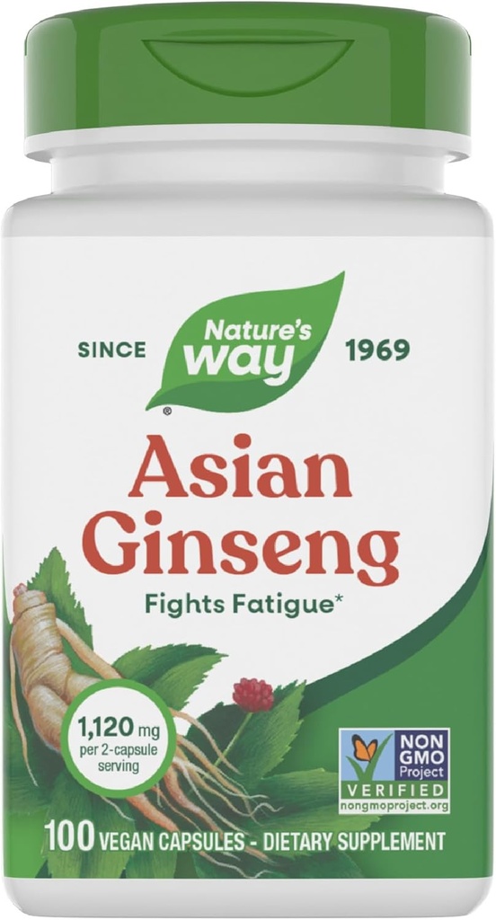 Camino de la Naturaleza Ginseng asiático, Lucha Fatiga*, 1,120mg Por 2 cápsulas Servir, Proyecto no OGM Verificado, Vegan, 100 cápsulas (Paquete Mayo Vary)