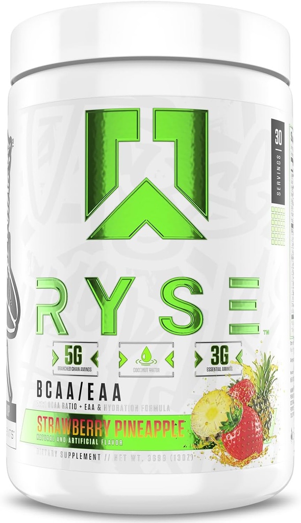 RYSE BCAA EAA Powder - Pineapple de fresa - 5g Aminoácidos de cadena ramificados, 3g Aminos esenciales, electrolitos libres de azúcar para la recuperación del músculo del post entrenamiento, hidratación y fuerza - 30 piezas