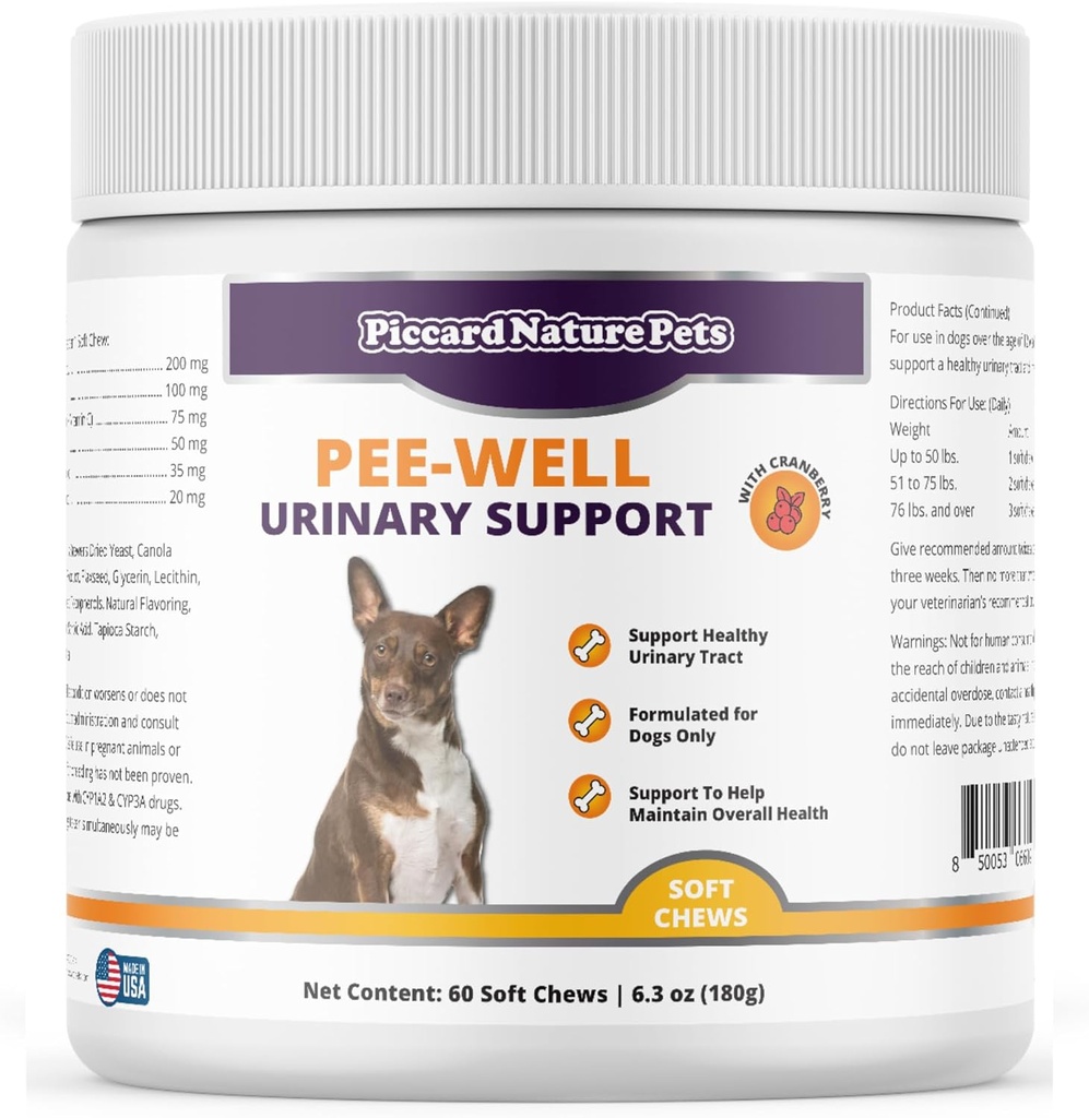 Pee-Well Urinary &amp; Bladder Support Chews with Cranberry, Promotes Urinary Tract Health for Dogs, Help Maintain Global Health, 60 Soft Chews