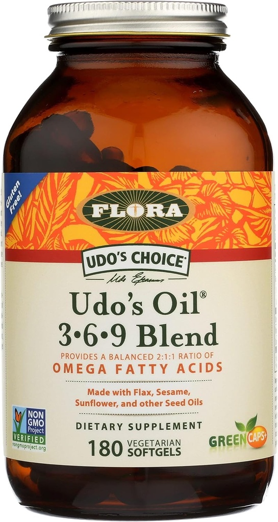 Flora Udo's Oil 3-6-9 Blend - Contiene coco orgánico, aceite de semilla de Flax &amp; Más - 180 Vegetarian Softgels
