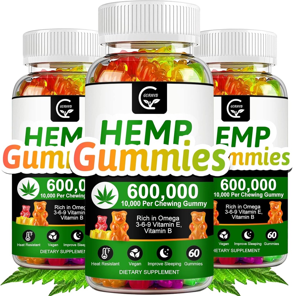 (3 Pack) High Potency Hemp Gummies 600,000 Extra Strength - Stress, Sleep, Mood, Calming, Focus, Relax Supplements, 100% Natural Hemp Oil Extract Infused Gummies, Vegan, Non-GMO, Gluten-Free
