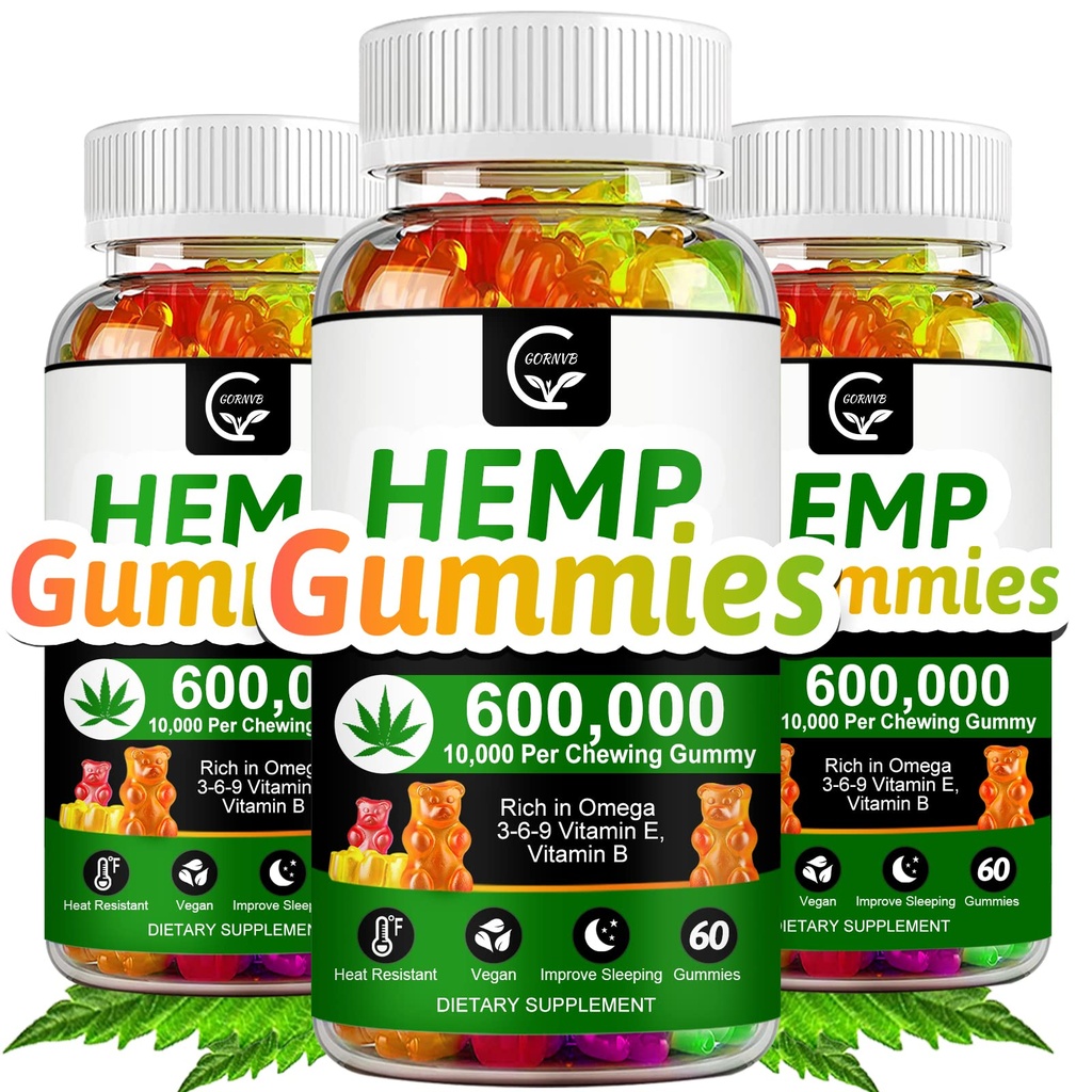 (3 Pack) High Potency Hemp Gummies 600,000 Extra Strength - Stress, Sleep, Mood, Calming, Focus, Relax Supplements, 100% Natural Hemp Oil Extract Infused Gummies, Vegan, Non-GMO, Gluten-Free