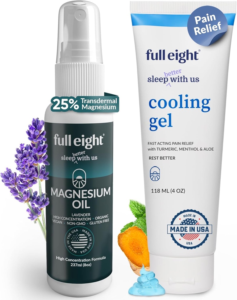 Magnesium Oil Spray &amp; Cooling Gel Bundle – Cooling Gel with Turmeric, Menthol, Aloe 4 oz &amp; Magnesium Oil Spray for Muscle &amp; Cramps 8 oz