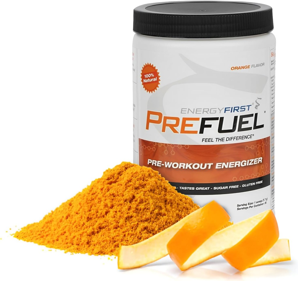 EnergyFirst Prefuel Vegan Pre-Workout Powder, Zero Sugar, All-Natural Energizer con Immune Support Orange Flavor, 30 Servimientos para el máximo rendimiento de entrenamiento
