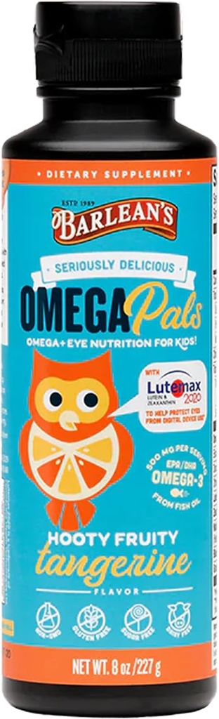 La salud ocular de Omega Pals de Barlean Líquido, Tangerine Flavored Omega 3 para niños, suplemento de aceite de pescado con 500 mg de EPA & DHA Plus Lutein y vitaminas de Zeaxanthin para soporte de luz azul, 8 oz
