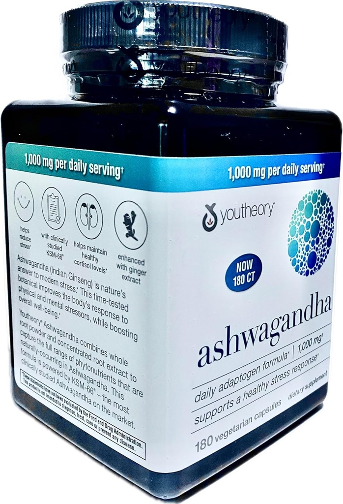 Genérico Ashwagandha Suplemento Orgánico KSM-66 Ashwagandha Vegetarian Suplemento 180 cápsulas, 1000 mg por servicio diario, ayuda a la gestión de estrés saludable Respuesta, Pearl White