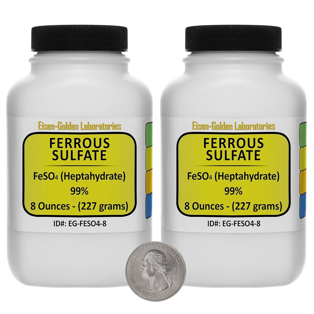 Sulfato ferroso [FeSO4] 99% ACS Grade Powder 1 Lb en dos botellas de ahorro de espacio