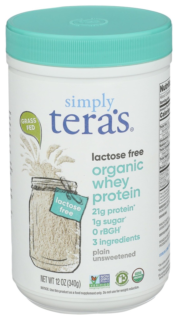 Simplemente Tera's Organic Plain Lactose Free Whey Protein, 12 Oz