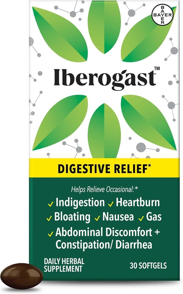 Softgels ibero, Herbal Relief of Stomach Upsets: Indigestión ocasional, Bloating, Gas, Nausea, Upset Stomach; 6-Herb Blend with Iberis Amara, Peppermint, Licorice, Lemon Balm; 30ct