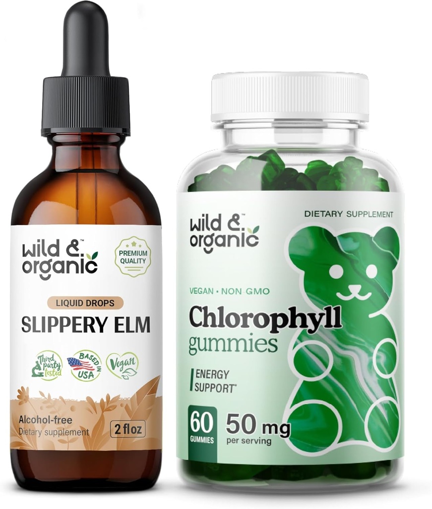 Wild & Organic Slippery Elm Tincture 2 fl oz & Chlorophyll Gummies 60 Chews