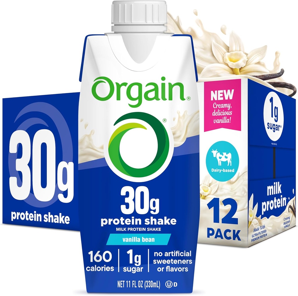 Orgain 30g High Protein Shake, Dairy Isolate Milk Protein, Vanilla Bean, 5g BCAAs, 1g Sugar Por Serving, Meal Replacement, Listo para beber, Keto Friendly, Gluten-Free 11 Fl Oz (Pack of 12)