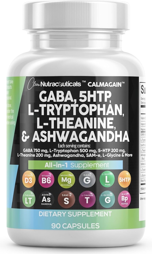 Nutracéuticos limpios GABA 750mg 5 HTP 200mg L Tryptophan 500mg L Theanine 200mg Ashwagandha SAM-e L-Glycine - Mood Support Vitaminas para Mujeres y Hombres con L-Tyrosine 5-HTP (5-Hydroxytryptophan)