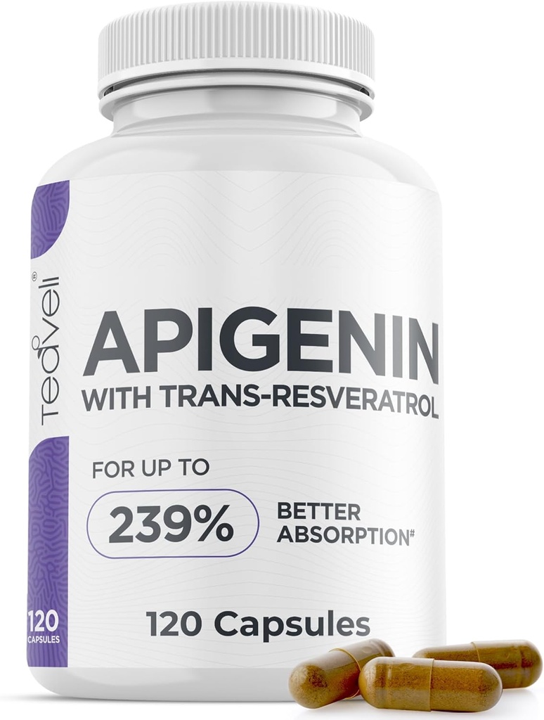 Suplemento avanzado de apigenina con resveratrol para la biodisponibilidad superior – 50 mg de apigenina para el sueño sin melatonina- Complementos Threonate de magnesio, L Theanine- 120 capsules, Vegan Friendly
