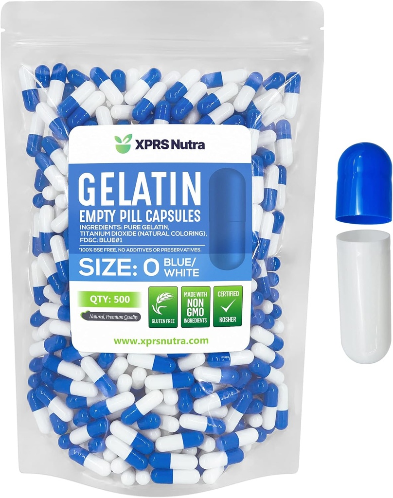 XPRS Nutra Size 0 Empty Capsules - 500 Count Empty Gelatin Capsules - Pills DIY Capsule Filling - Pure Bovine Pill Gel Caps for Do-It-youself Supplements (Blue/White)