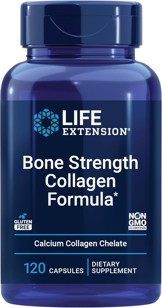 Extensión de la vida Bone Strength Collagen Fórmula, Calcium Collagen chelate, Calcium fructoborate, Vitamin D3, Magnesium Citrate, Silicon, Boron, Gluten-Free, Non-GMO, 120 Capsules