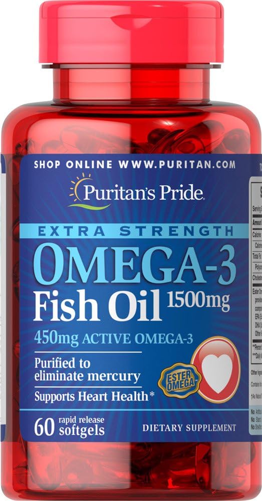 Puritans Pride Extra Strength Omega-3 Fish Oil 1500 Mg 450 Mg Active Omega-3 Softgels, 60 Cuenta