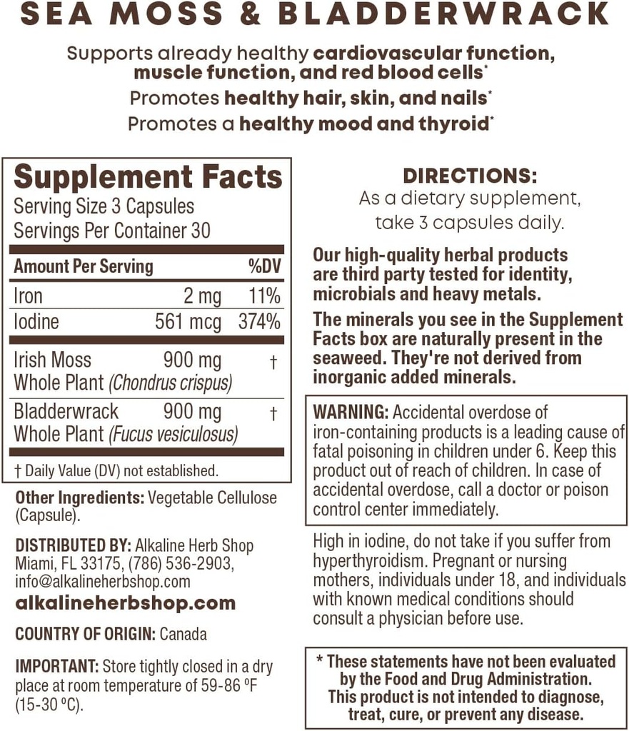 Alkaline Herb Shop Sea Moss y Bladderwrack Suplemento 90 cápsulas