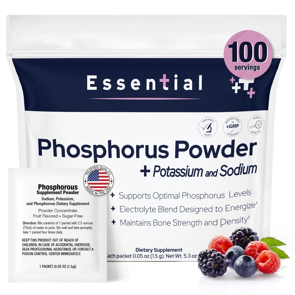 Suplementos de fósforo 100 Packets, Suplementos dietéticos Polvo con fosfato de sodio y fosfato de potasio, suplemento fósforo saboreado de frutas Polvo para electrolito, salud ósea y salud renal