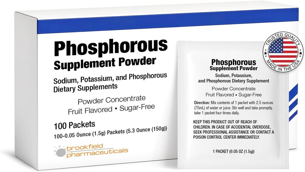 Suplementos de fósforo 100 Packets, Suplementos dietéticos Polvo con fosfato de sodio y fosfato de potasio, suplemento fósforo saboreado de frutas Polvo para electrolito, salud ósea y salud renal