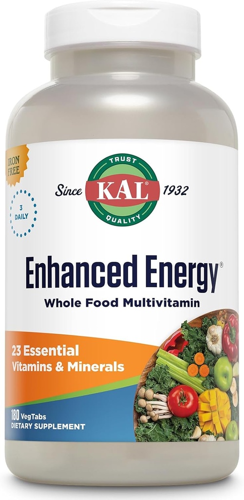 KAL® Enhanced Energy Multivitamin | Whole Food Based Vitamins & Minerals w/ Antioxidants, Digestive Enzymes & Natural Carotenoids | 180 Capsules